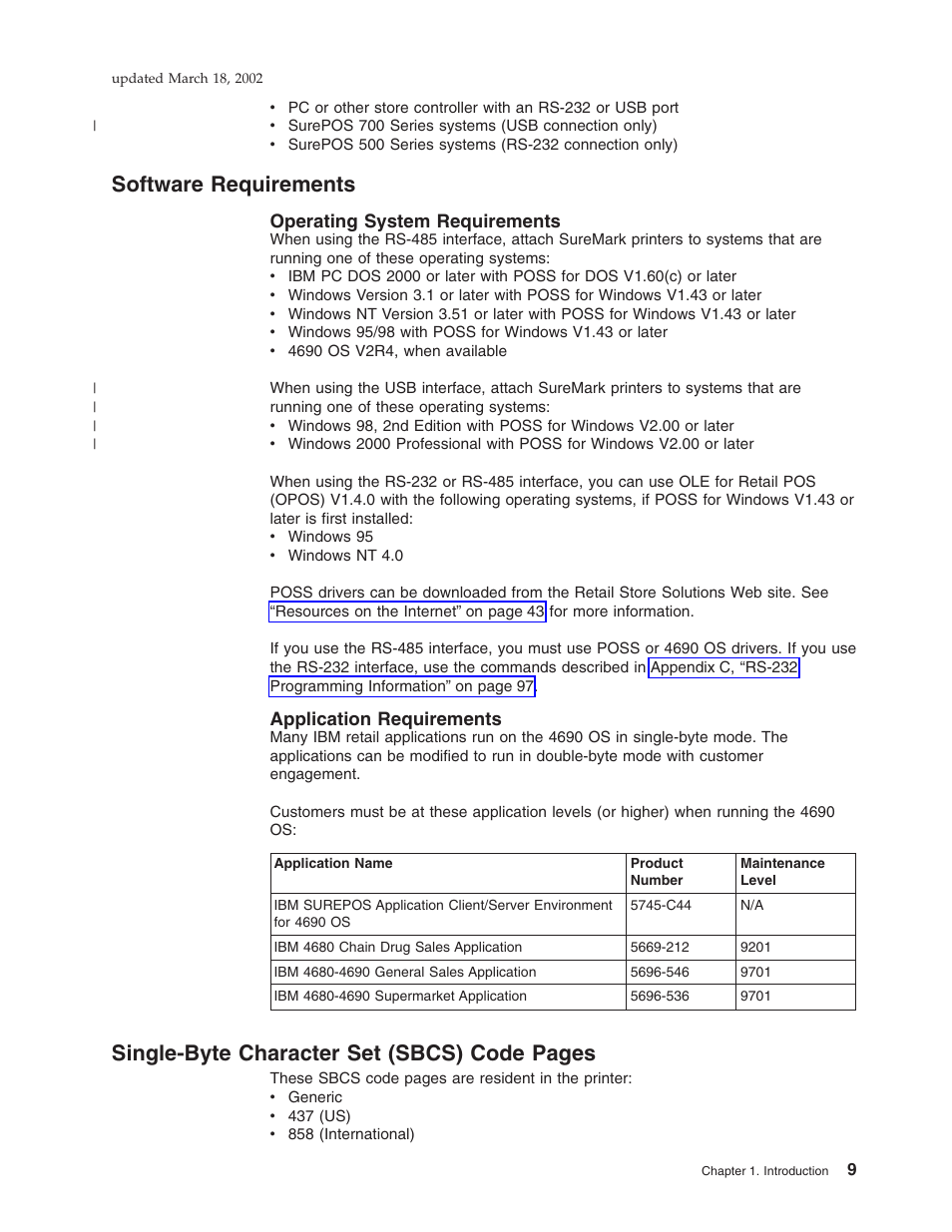 Software requirements, Operating system requirements, Application requirements | Single-byte character set (sbcs) code pages | IBM TM7 User Manual | Page 33 / 210