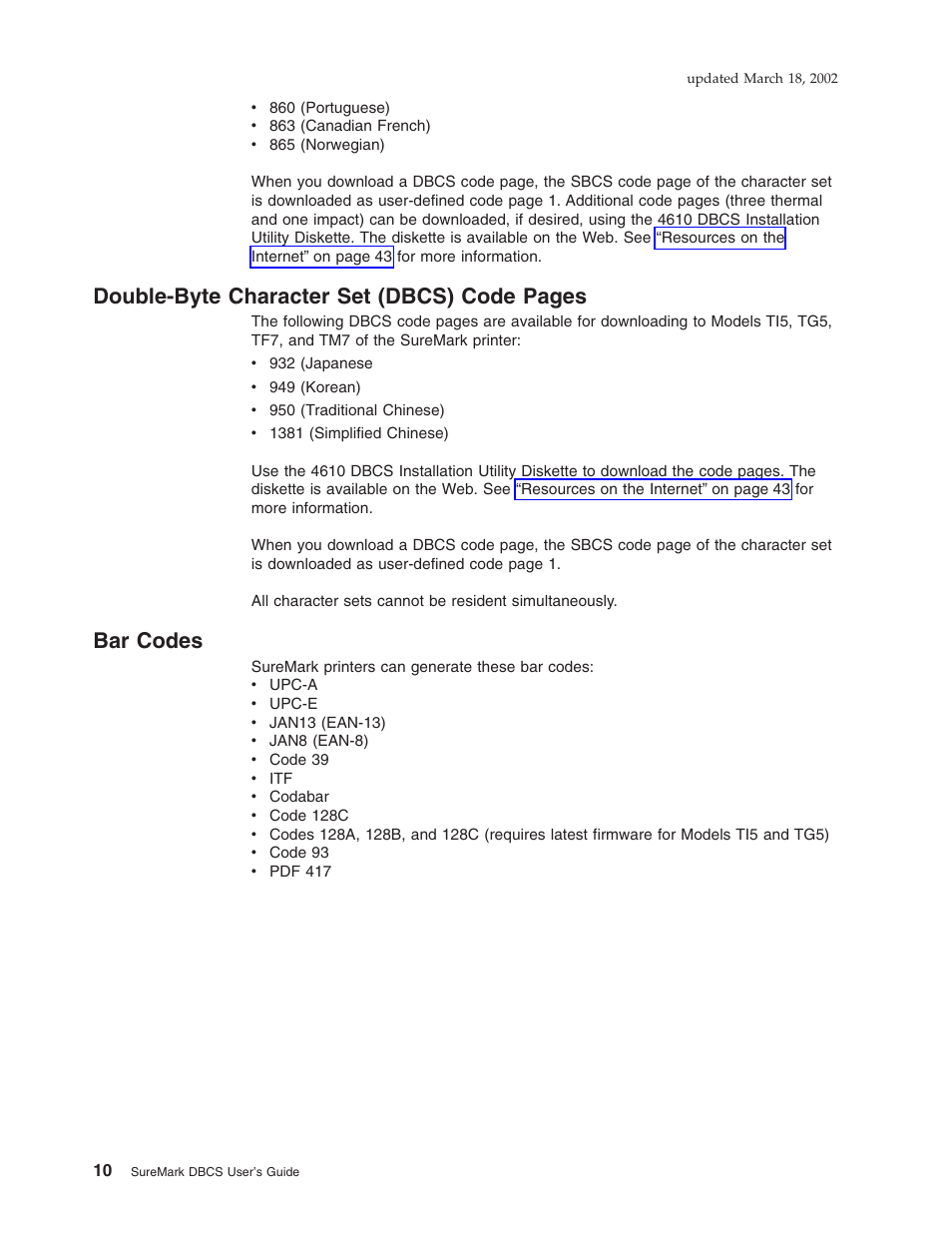 Bar codes, Double-byte character set (dbcs) code pages | IBM TM7 User Manual | Page 34 / 210