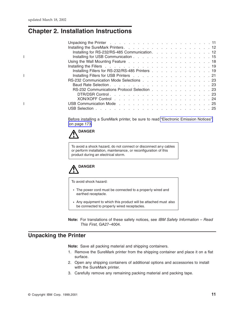 Chapter 2. installation instructions, Unpacking the printer, Chapter 2, “installation instructions | IBM TM7 User Manual | Page 35 / 210