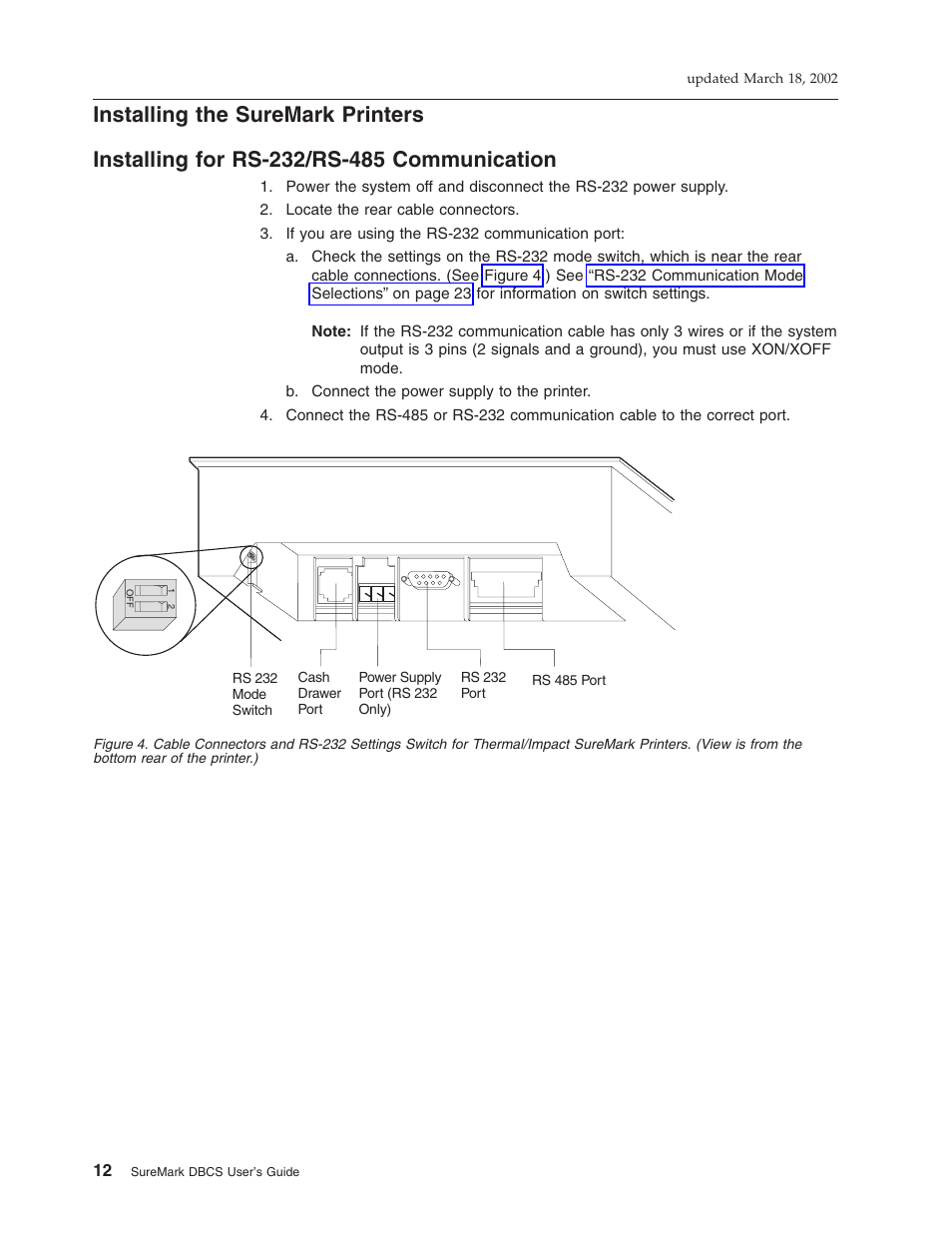 Installing the suremark printers, Installing for rs-232/rs-485 communication | IBM TM7 User Manual | Page 36 / 210