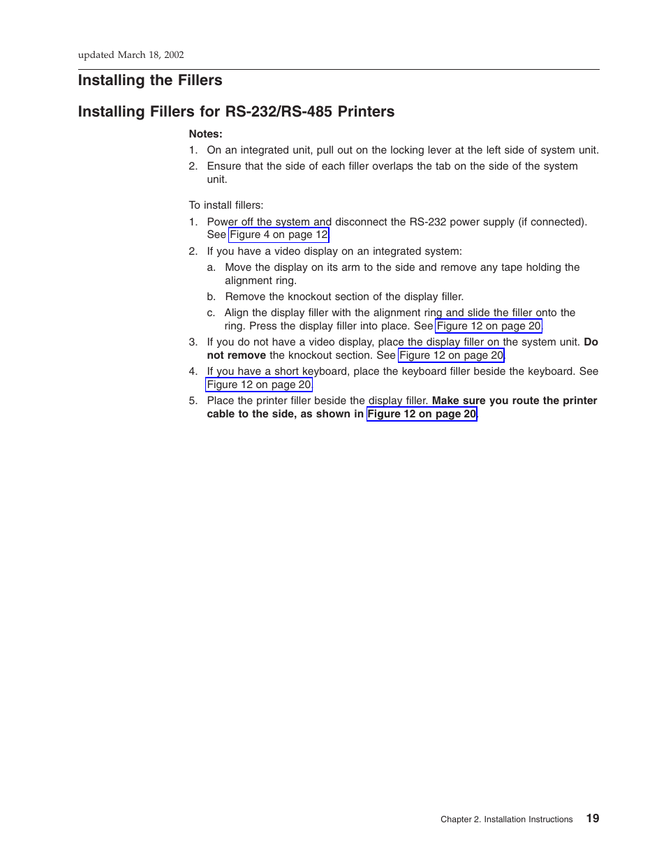 Installing the fillers, Installing fillers for rs-232/rs-485 printers, Installing the fillers” on | IBM TM7 User Manual | Page 43 / 210