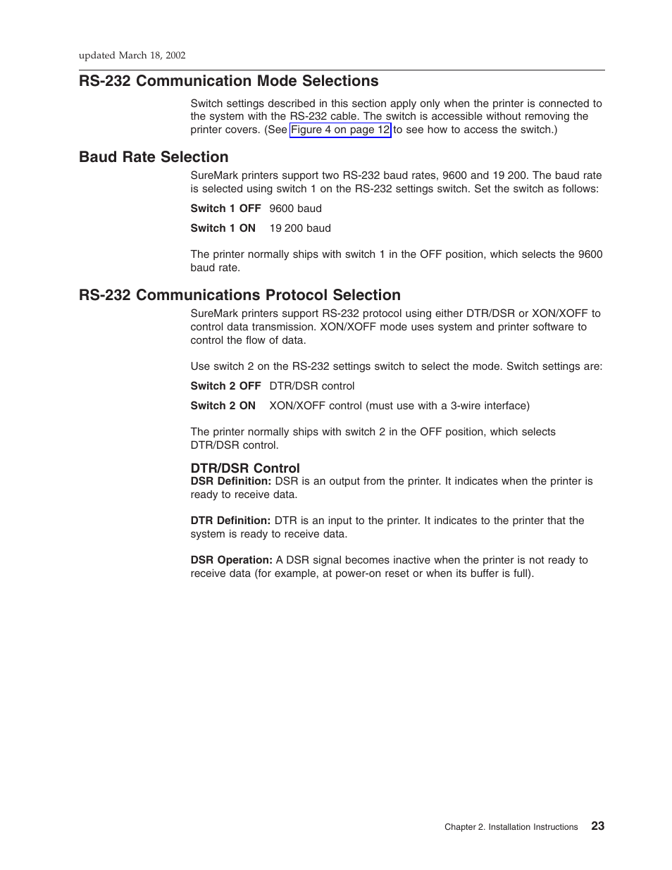 Rs-232 communication mode selections, Baud rate selection, Rs-232 communications protocol selection | Dtr/dsr control | IBM TM7 User Manual | Page 47 / 210