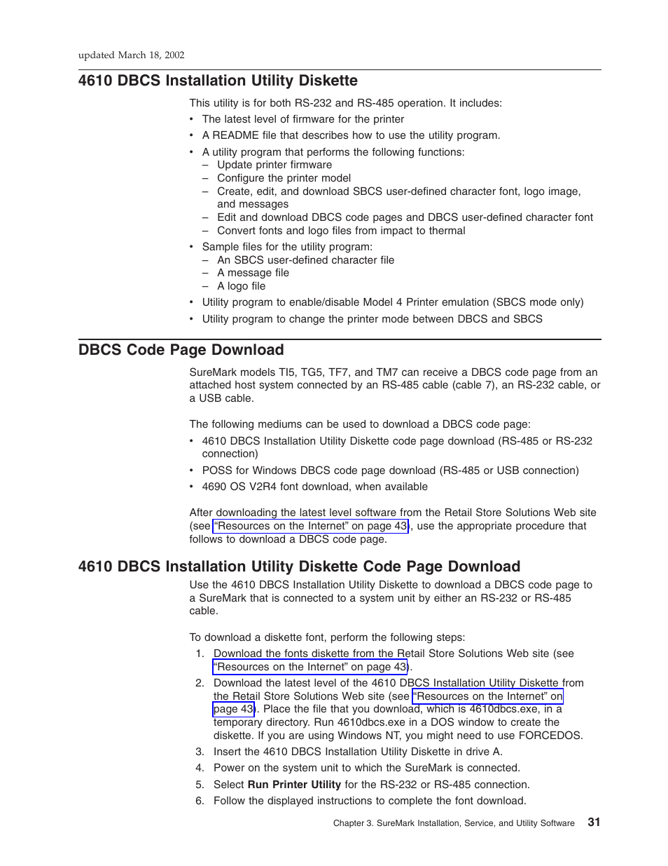 4610 dbcs installation utility diskette, Dbcs code page download | IBM TM7 User Manual | Page 55 / 210