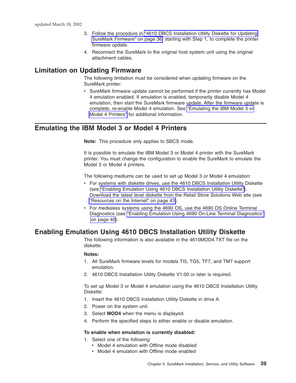 Limitation on updating firmware, Emulating the ibm model 3 or model 4 printers | IBM TM7 User Manual | Page 63 / 210