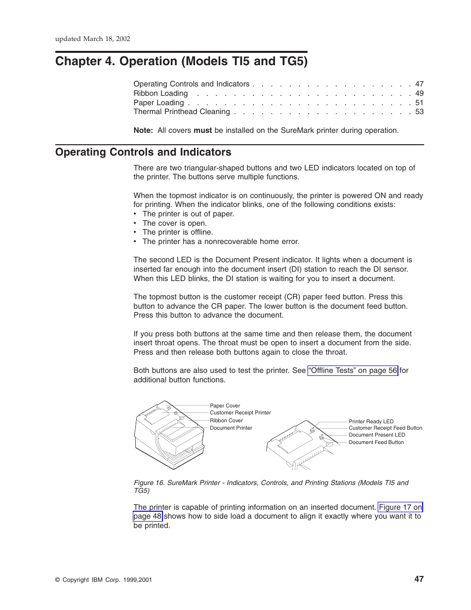 Chapter 4. operation (models ti5 and tg5), Operating controls and indicators, Chapter 4, “operation (models ti5 and tg5) | IBM TM7 User Manual | Page 71 / 210