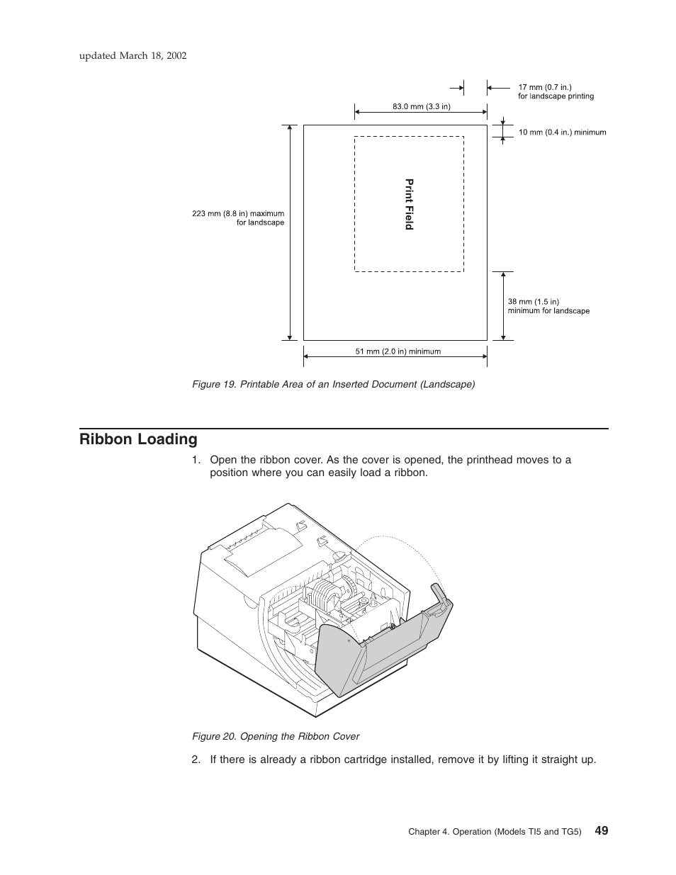 Ribbon loading, Printable area of an inserted document (landscape), Opening the ribbon cover | IBM TM7 User Manual | Page 73 / 210