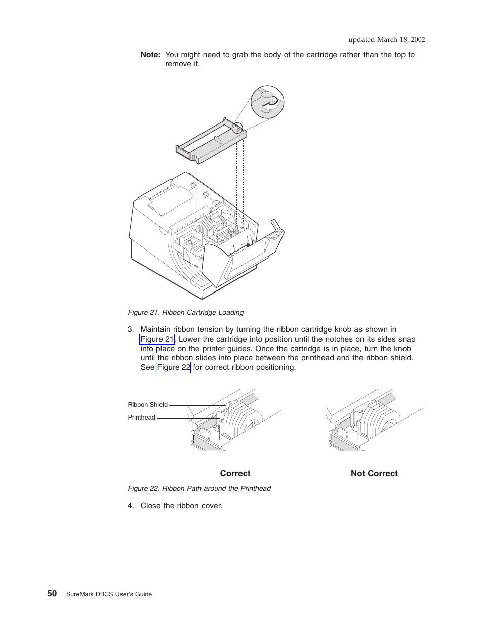 Ribbon cartridge loading, Ribbon path around the printhead | IBM TM7 User Manual | Page 74 / 210