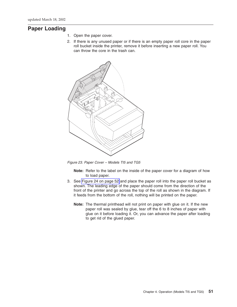 Paper loading, Paper cover – models ti5 and tg5 | IBM TM7 User Manual | Page 75 / 210