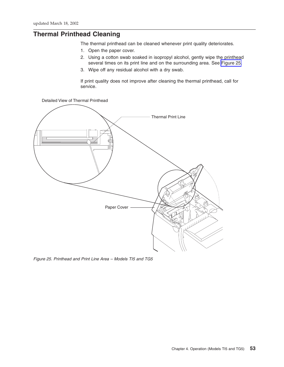 Thermal printhead cleaning, Printhead and print line area – models ti5 and tg5 | IBM TM7 User Manual | Page 77 / 210