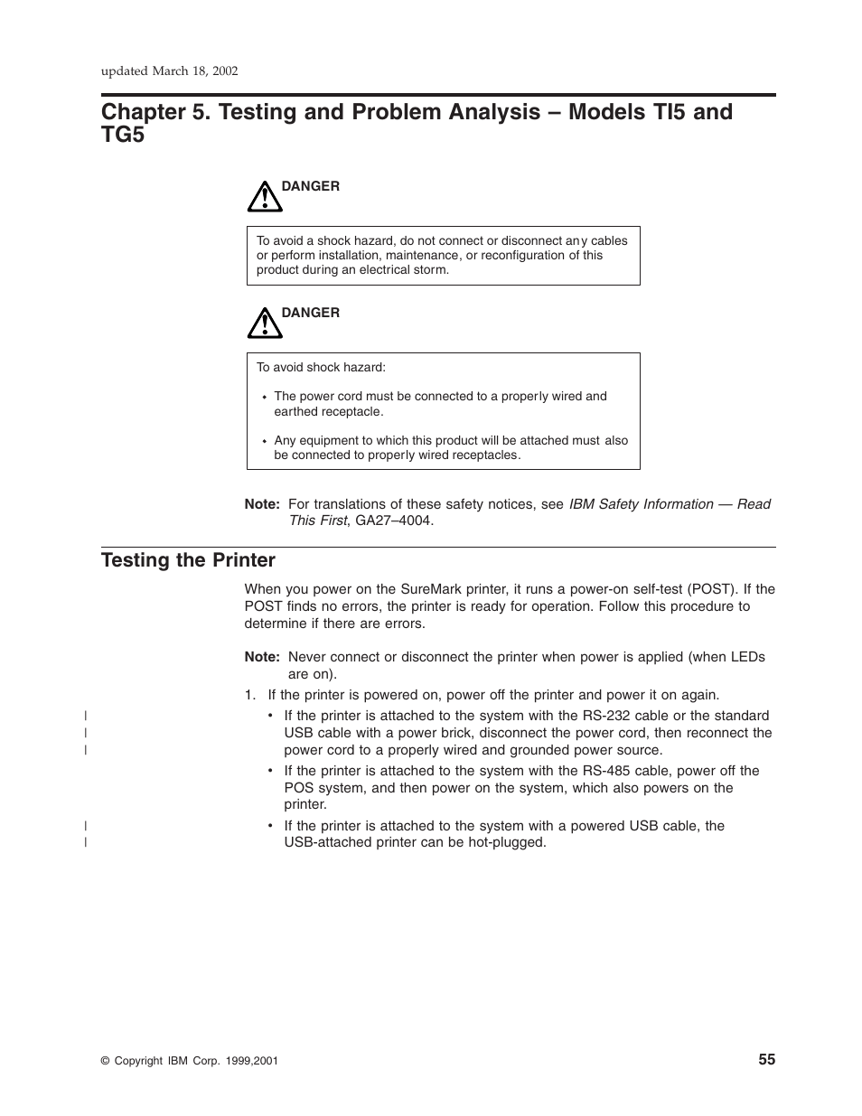 Testing the printer, Chapter 5, “testing and problem analysis | IBM TM7 User Manual | Page 79 / 210