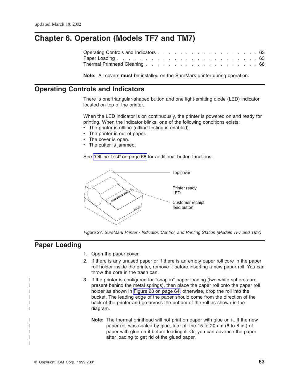 Chapter 6. operation (models tf7 and tm7), Operating controls and indicators, Paper loading | Chapter 6, “operation (models tf7 and tm7) | IBM TM7 User Manual | Page 87 / 210