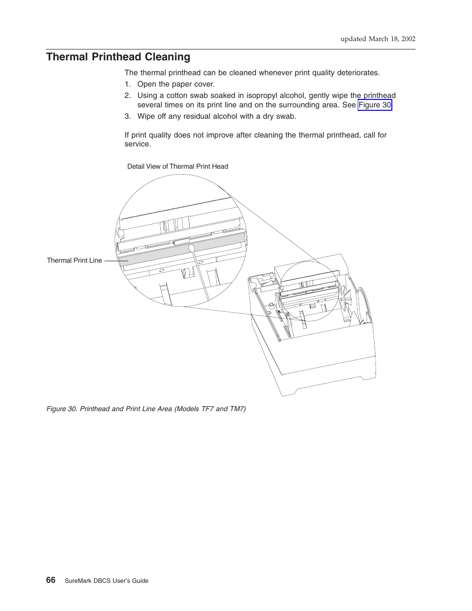 Thermal printhead cleaning, Printhead and print line area (models tf7 and tm7) | IBM TM7 User Manual | Page 90 / 210