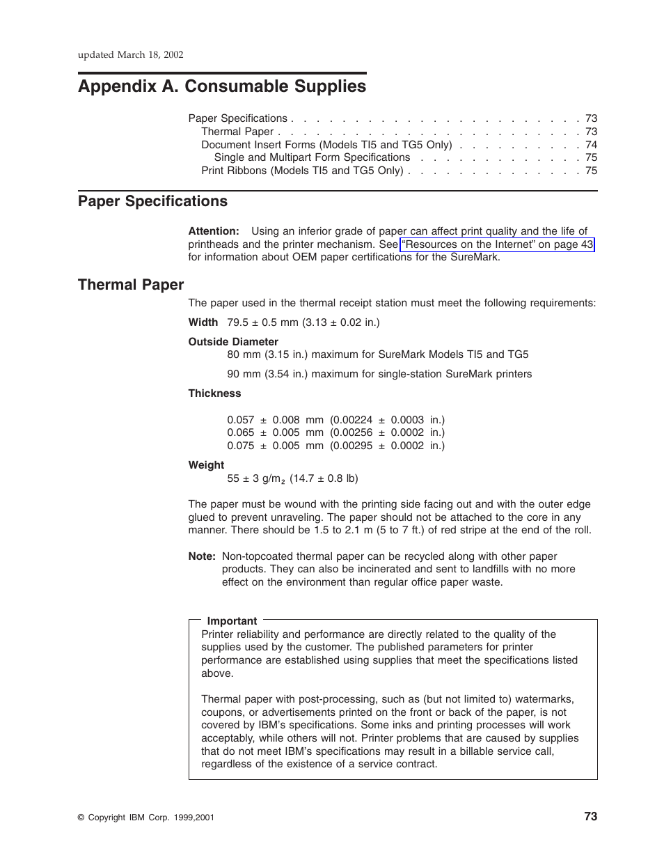 Appendix a. consumable supplies, Paper specifications, Thermal paper | Appendix a, “consumable supplies | IBM TM7 User Manual | Page 97 / 210