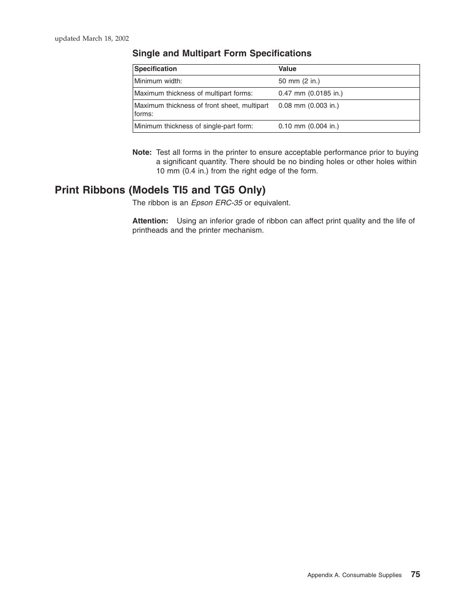 Single and multipart form specifications, Print ribbons (models ti5 and tg5 only) | IBM TM7 User Manual | Page 99 / 210