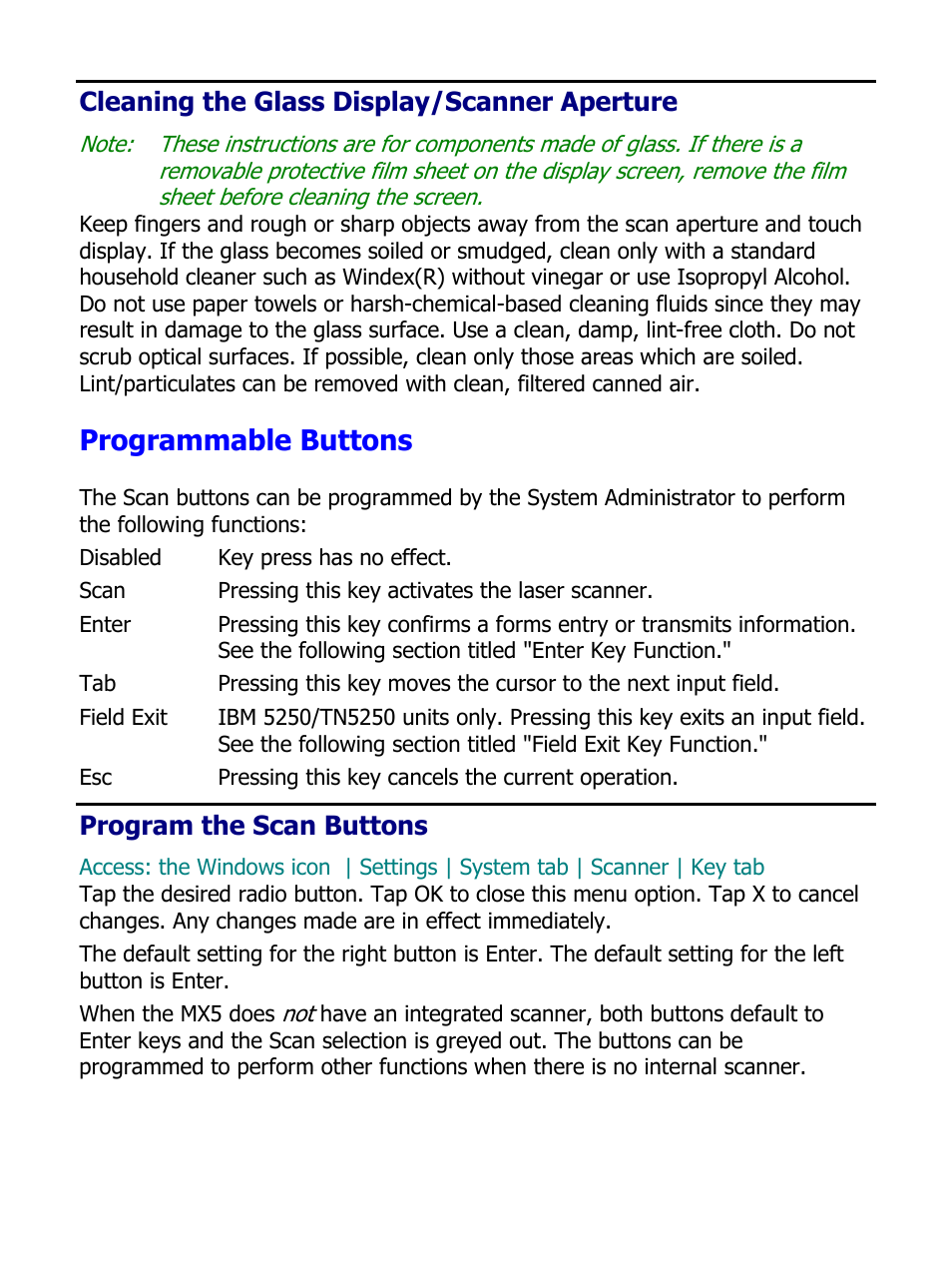 Cleaning the glass display/scanner aperture, Programmable buttons, Program the scan buttons | IBM MX5 User Manual | Page 21 / 41