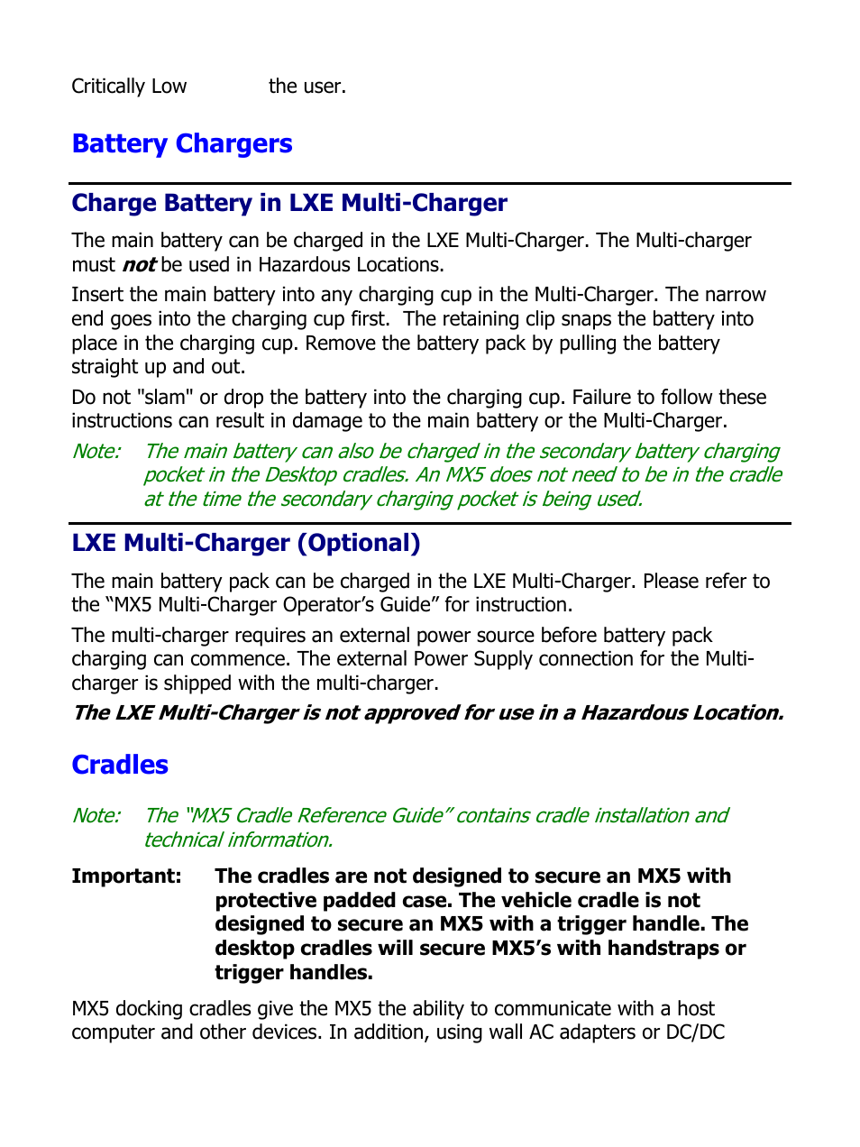 Charge battery in lxe multi-charger, Lxe multi-charger (optional), Battery chargers | Cradles | IBM MX5 User Manual | Page 27 / 41