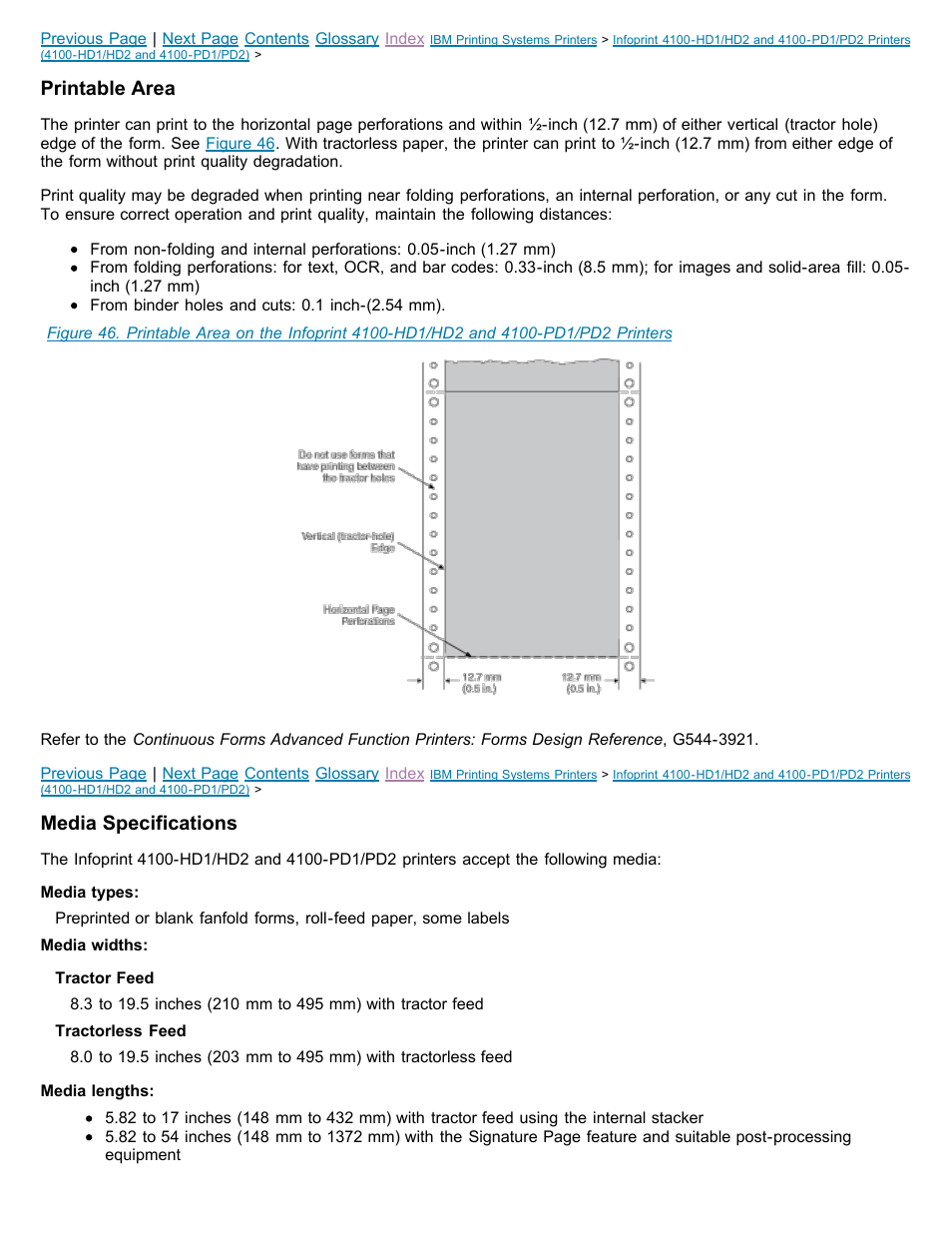 Printable area, Media specifications | IBM 4100 User Manual | Page 3 / 5