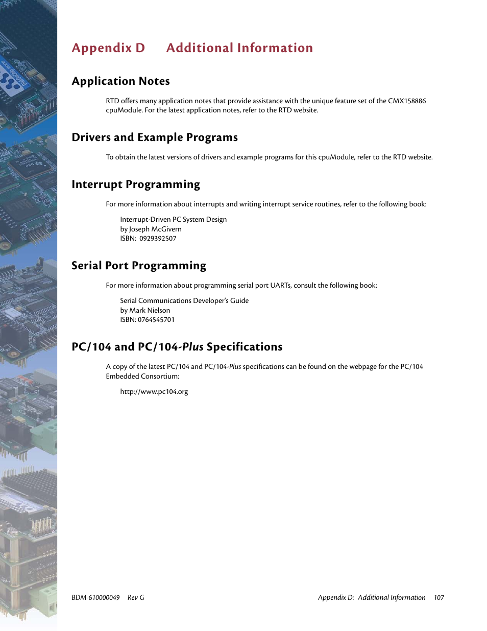 Appendix d additional information, Application notes, Drivers and example programs | Interrupt programming, Serial port programming, Pc/104 and pc/104-plus specifications, Appendix d, Additional information | IBM BDM-610000049 User Manual | Page 117 / 120