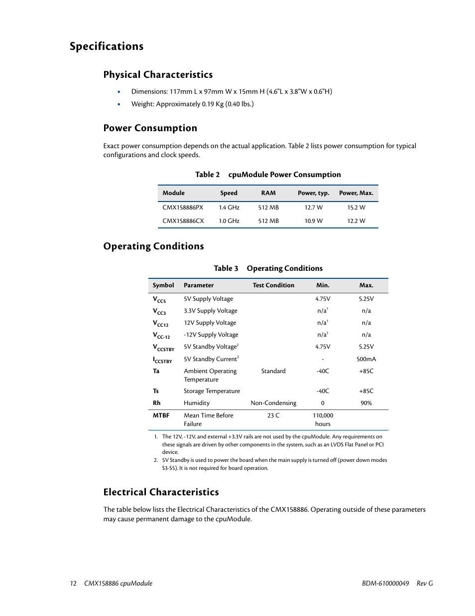Specifications, Physical characteristics, Power consumption | Operating conditions, Electrical characteristics, Operating conditions electrical characteristics | IBM BDM-610000049 User Manual | Page 22 / 120