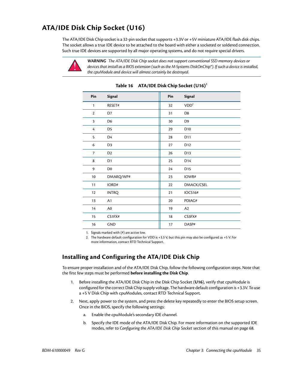 Ata/ide disk chip socket (u16), Installing and configuring the ata/ide disk chip | IBM BDM-610000049 User Manual | Page 45 / 120
