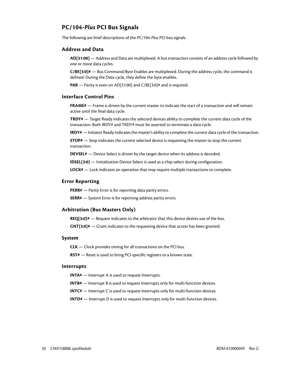 Pc/104-plus pci bus signals, Address and data, Interface control pins | Error reporting, Arbitration (bus masters only), System, Interrupts, Pc/104- plus pci bus signals | IBM BDM-610000049 User Manual | Page 60 / 120