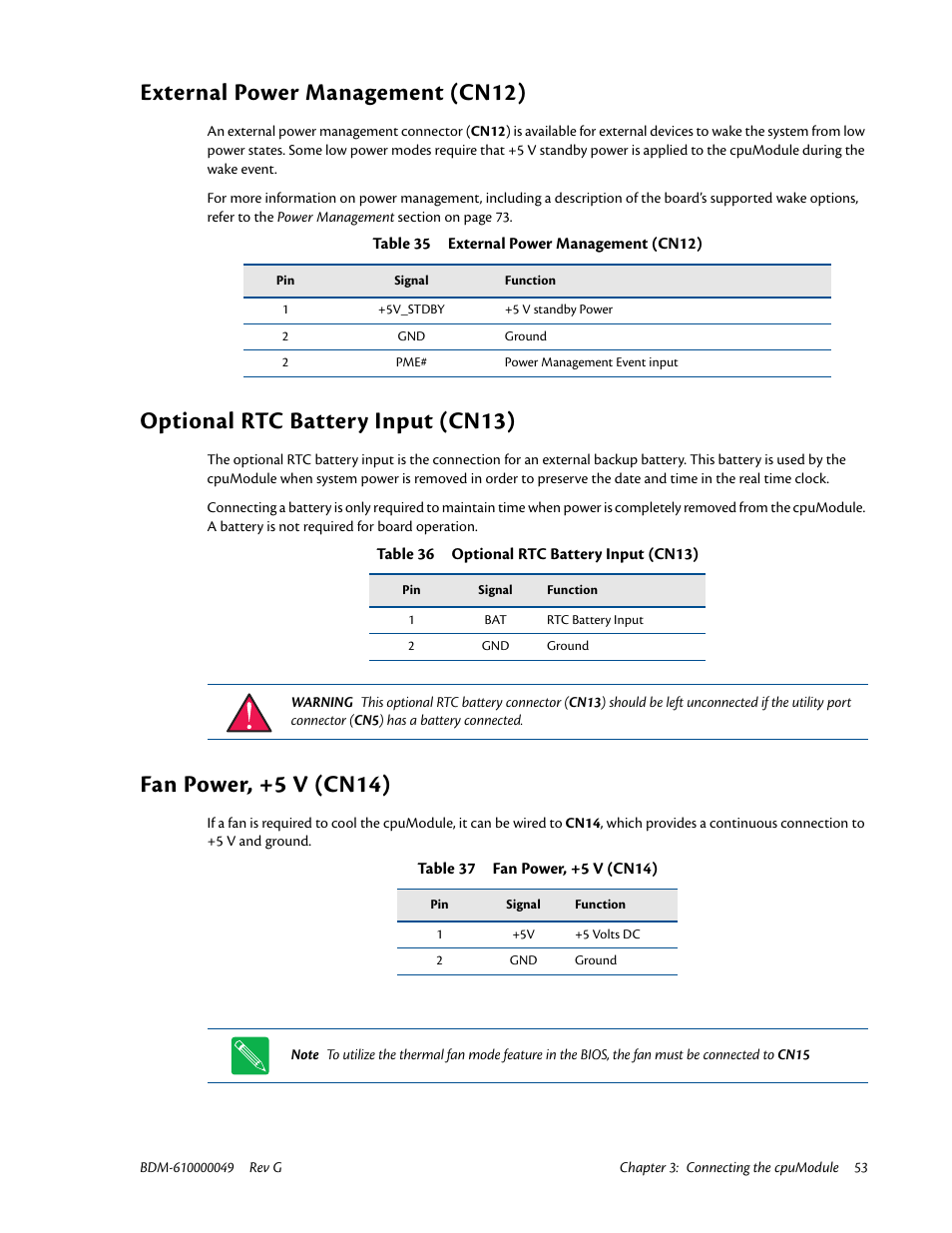 External power management (cn12), Optional rtc battery input (cn13), Fan power, +5 v (cn14) | IBM BDM-610000049 User Manual | Page 63 / 120