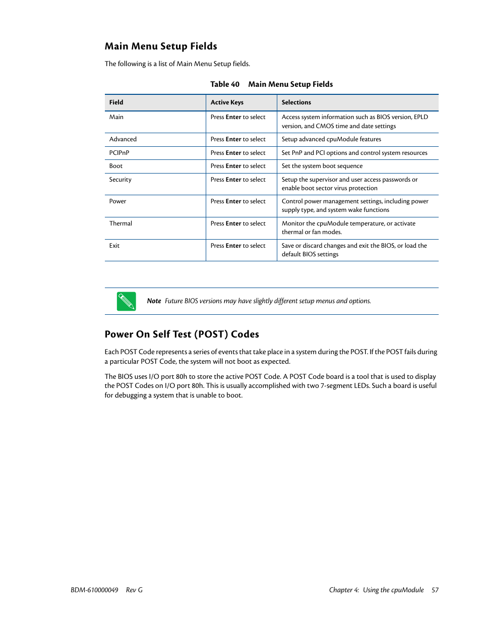 Main menu setup fields, Power on self test (post) codes | IBM BDM-610000049 User Manual | Page 67 / 120