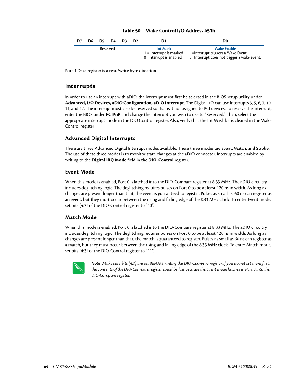 Interrupts, Advanced digital interrupts, Event mode | Match mode | IBM BDM-610000049 User Manual | Page 74 / 120