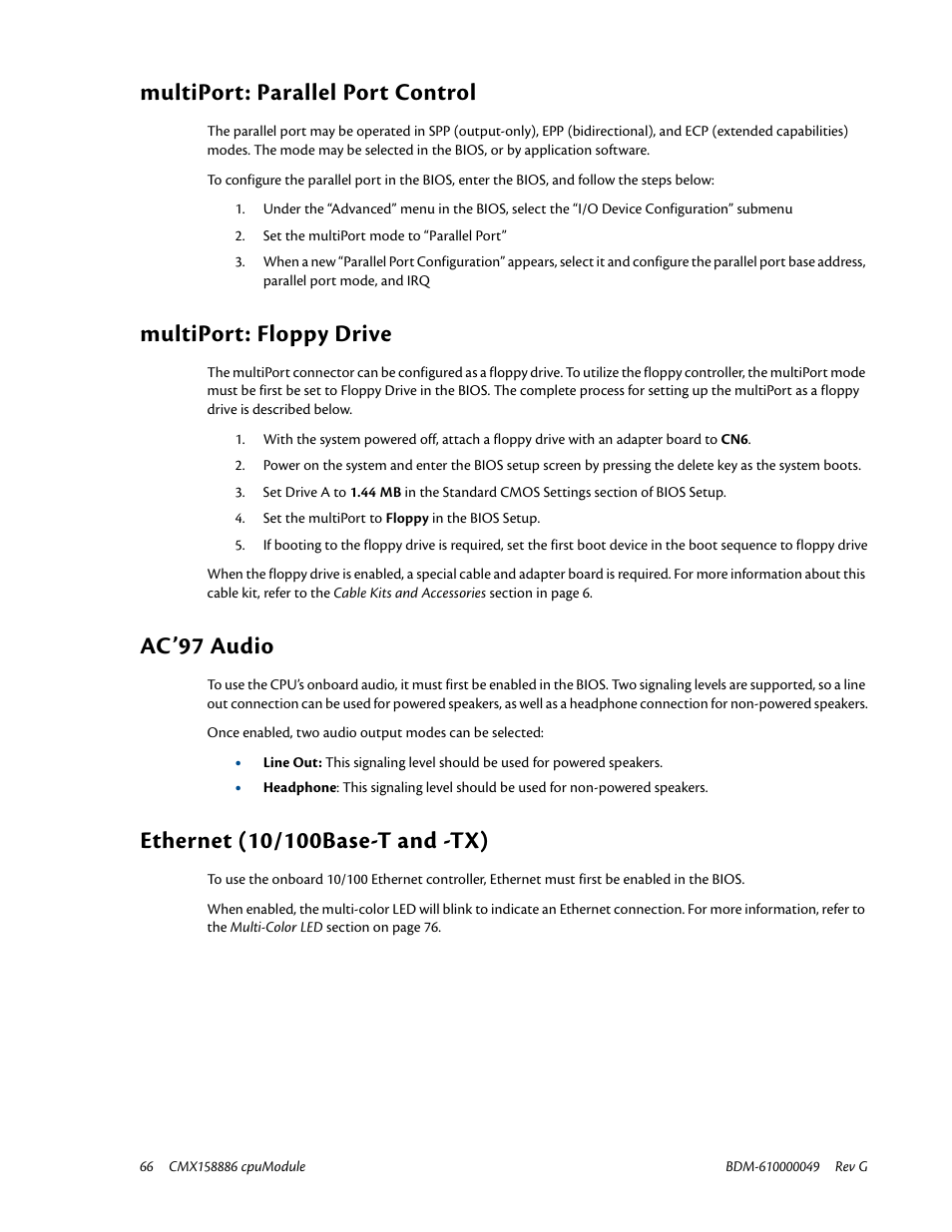 Multiport: parallel port control, Multiport: floppy drive, Ac’97 audio | Ethernet (10/100base-t and -tx) | IBM BDM-610000049 User Manual | Page 76 / 120