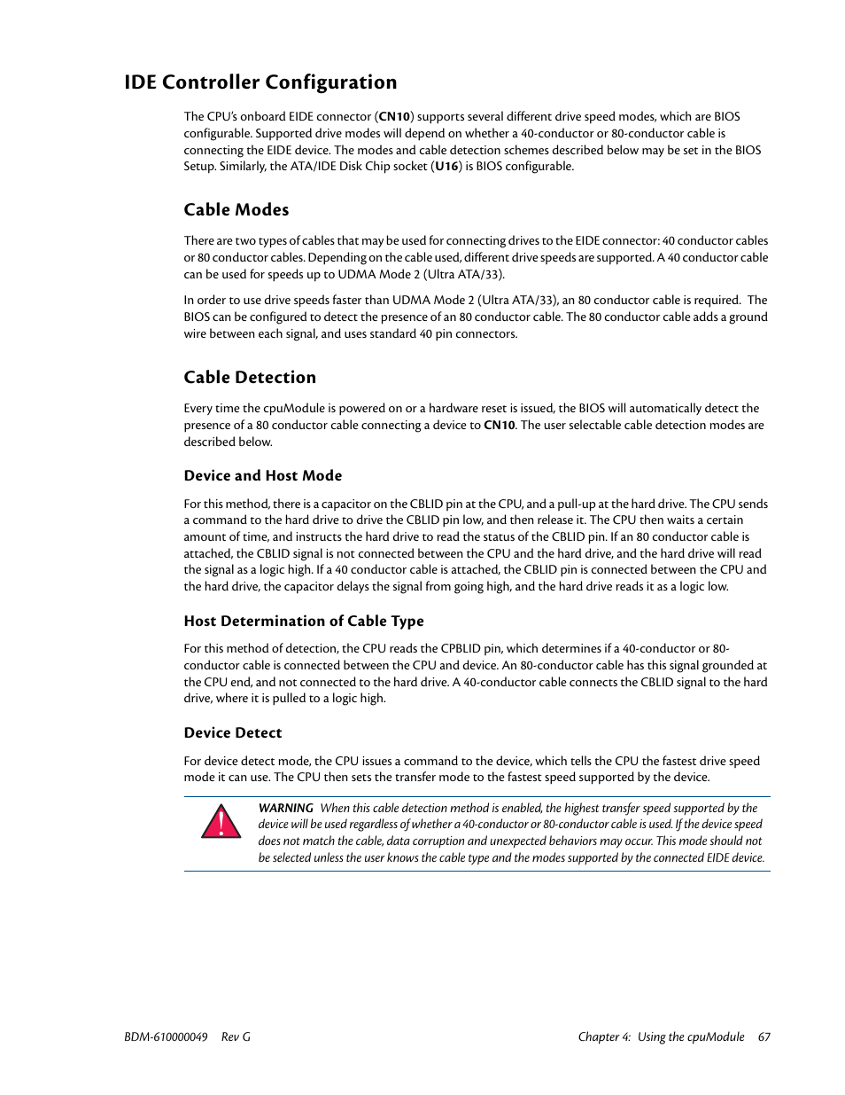 Ide controller configuration, Cable modes, Cable detection | Device and host mode, Host determination of cable type, Device detect, Ide controller | IBM BDM-610000049 User Manual | Page 77 / 120