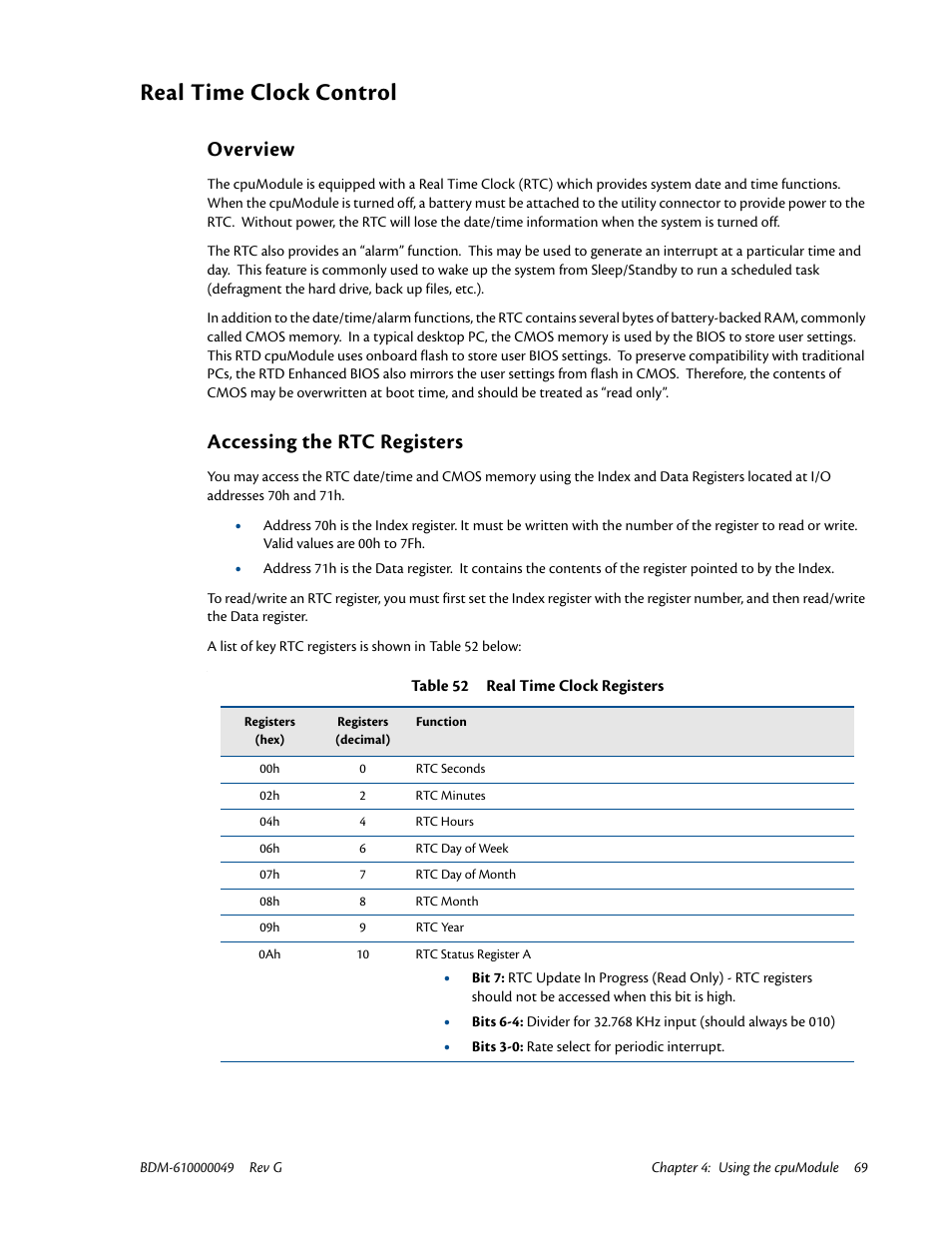 Real time clock control, Overview, Accessing the rtc registers | IBM BDM-610000049 User Manual | Page 79 / 120