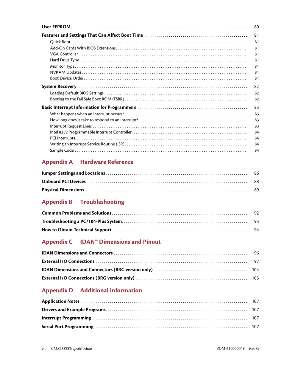 Appendix a hardware reference, Appendix b troubleshooting, Appendix c idan™ dimensions and pinout | Appendix d additional information | IBM BDM-610000049 User Manual | Page 8 / 120