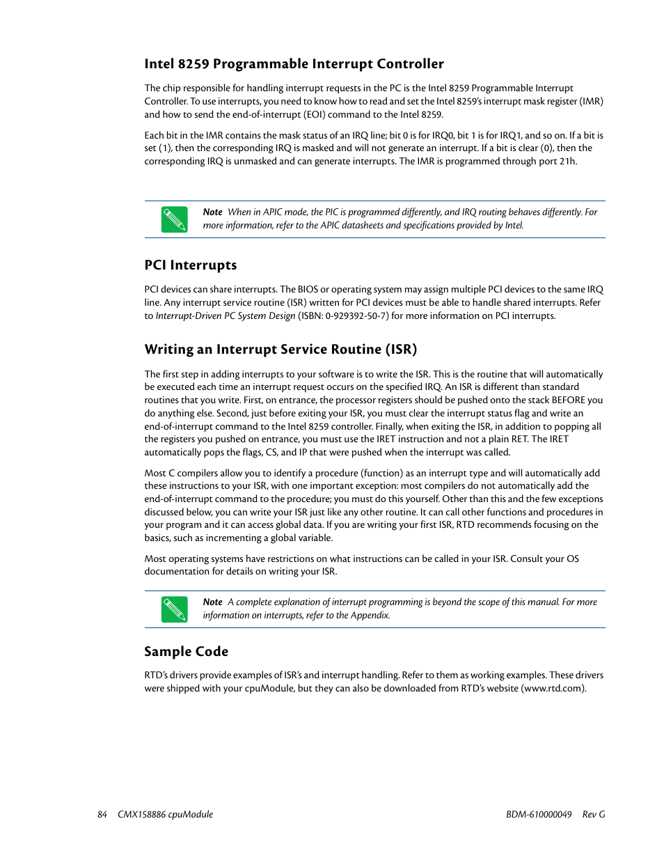 Intel 8259 programmable interrupt controller, Pci interrupts, Writing an interrupt service routine (isr) | Sample code | IBM BDM-610000049 User Manual | Page 94 / 120