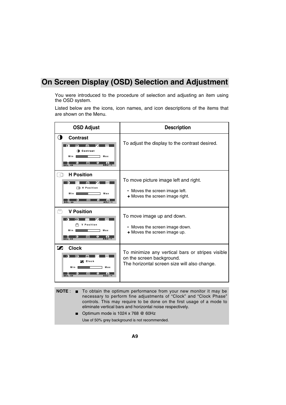 On screen display (osd) selection and adjustment, Osd adjust description, V position clock | IBM T56A User Manual | Page 21 / 41