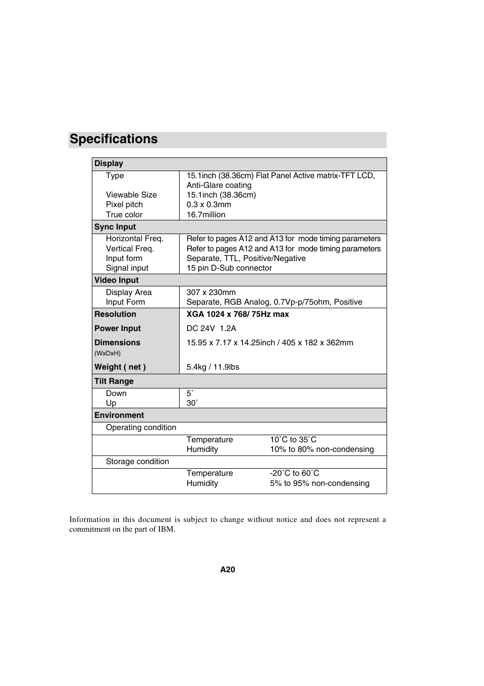 Specifications | IBM T56A User Manual | Page 32 / 41