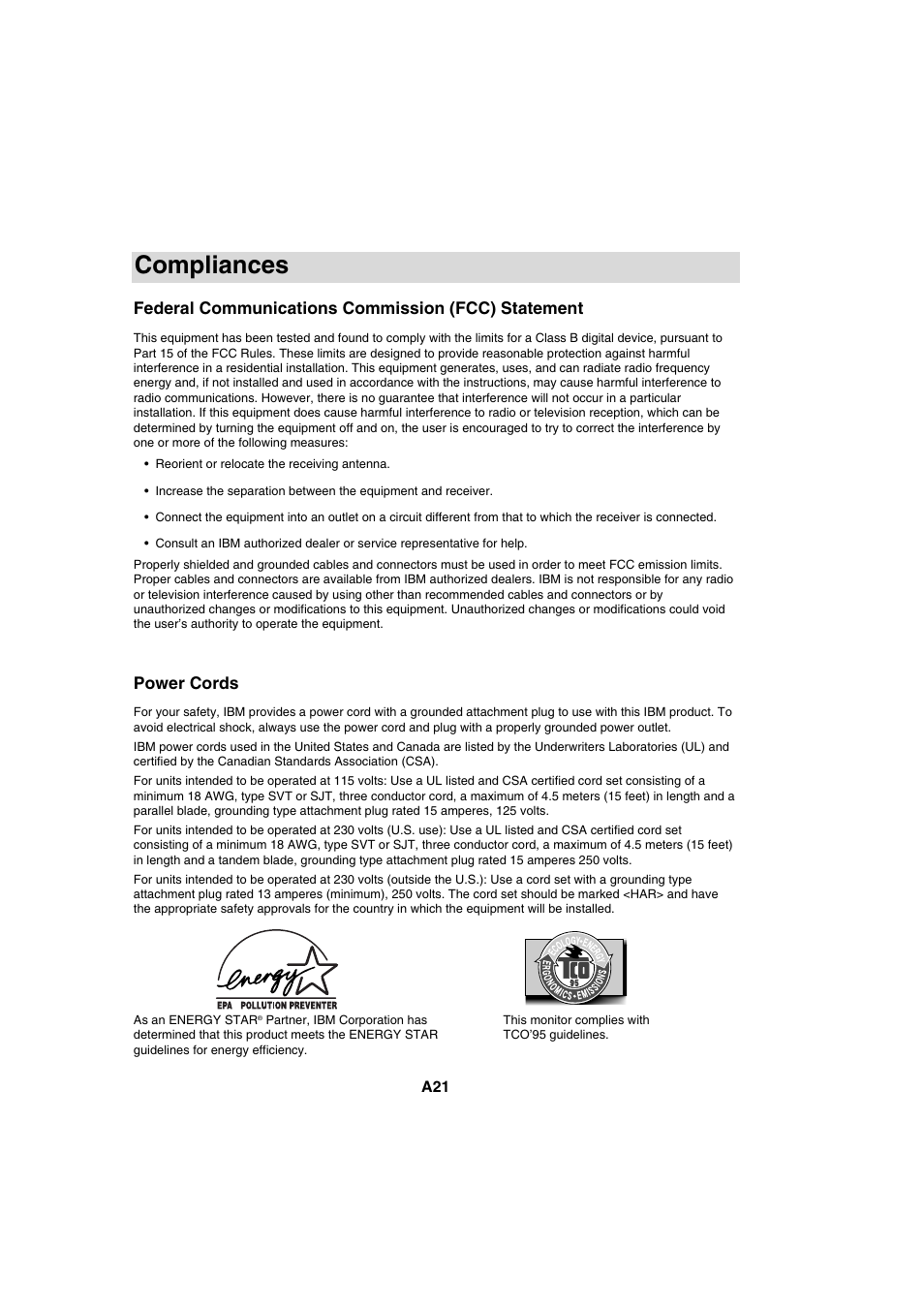 Compliances, Federal communications commission (fcc) statement, Power cords | IBM T56A User Manual | Page 33 / 41