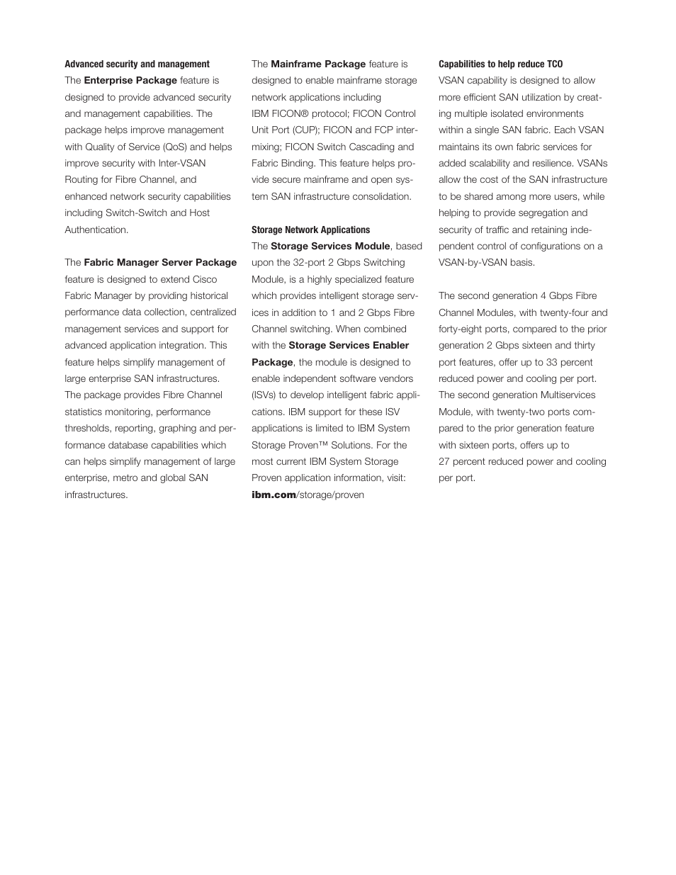 Advanced security and management, Storage network applications, Capabilities to help reduce tco | IBM MDS 9506 User Manual | Page 4 / 6