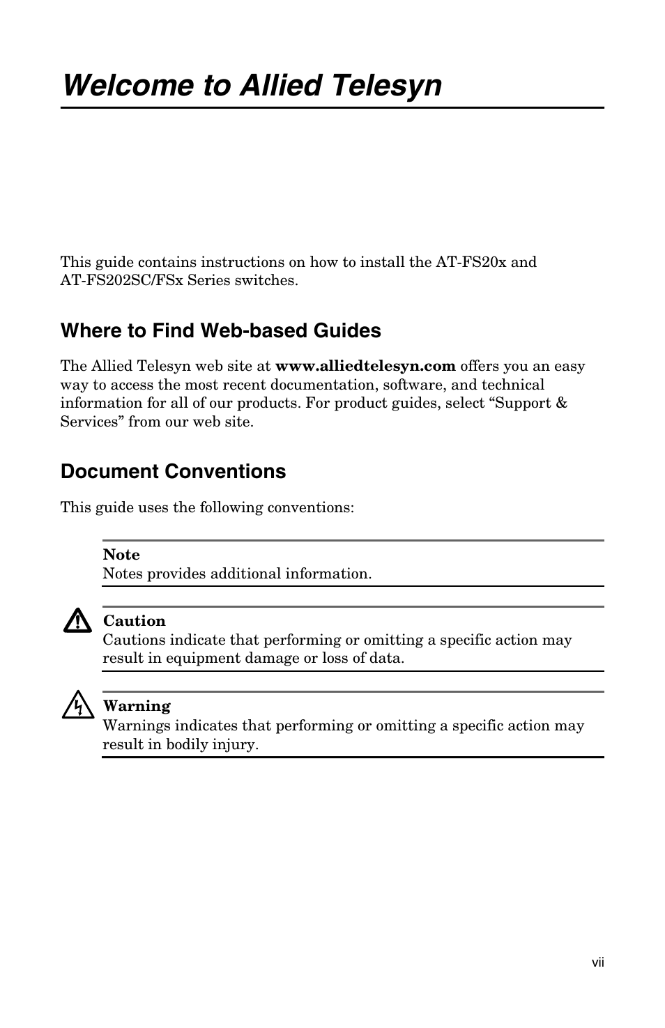Welcome to allied telesyn, Where to find web-based guides, Document conventions | IBM AT-FS202SC/FS3 User Manual | Page 7 / 44