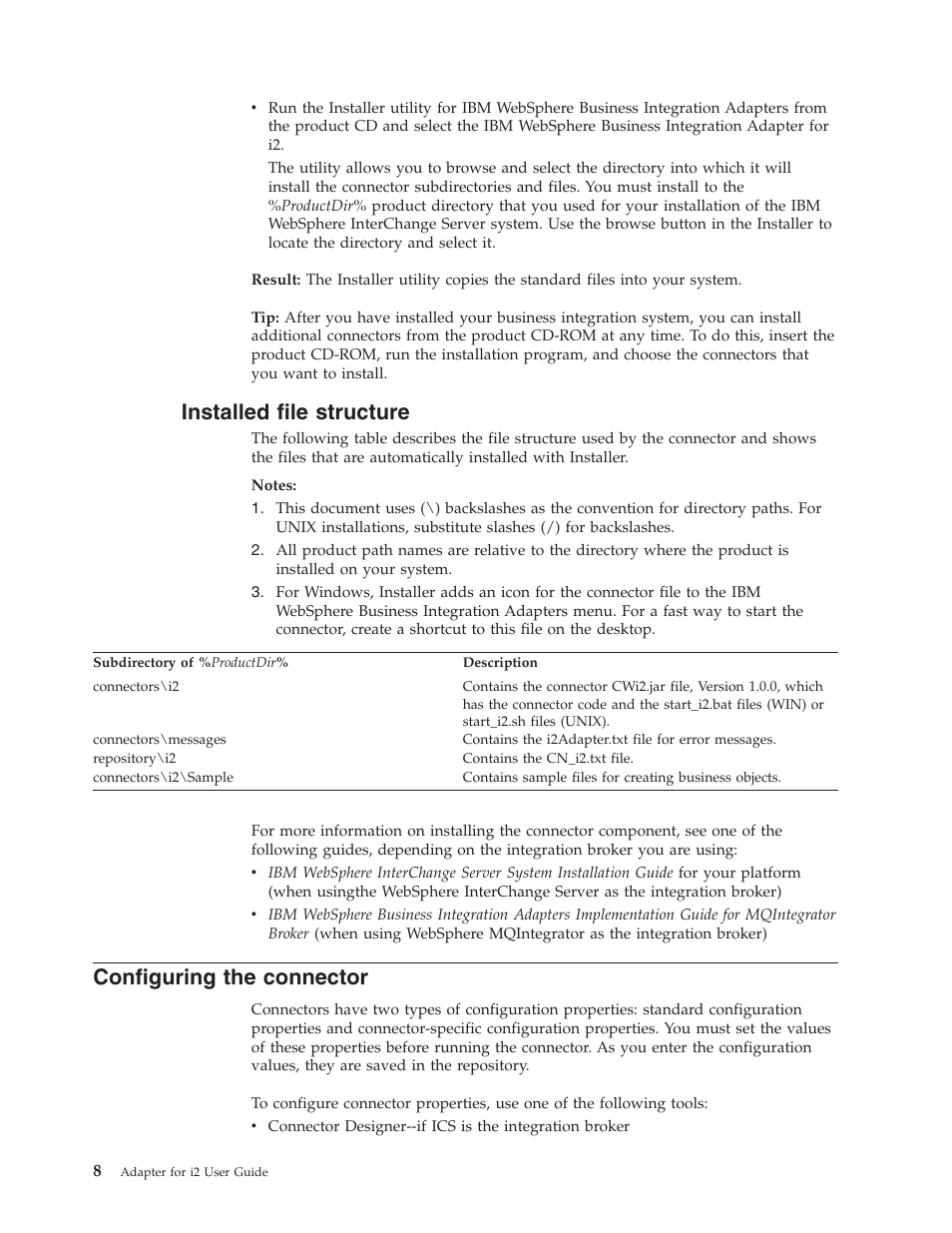 Installed file structure, Configuring the connector | IBM WebSphere Business Integration Adapter User Manual | Page 18 / 92