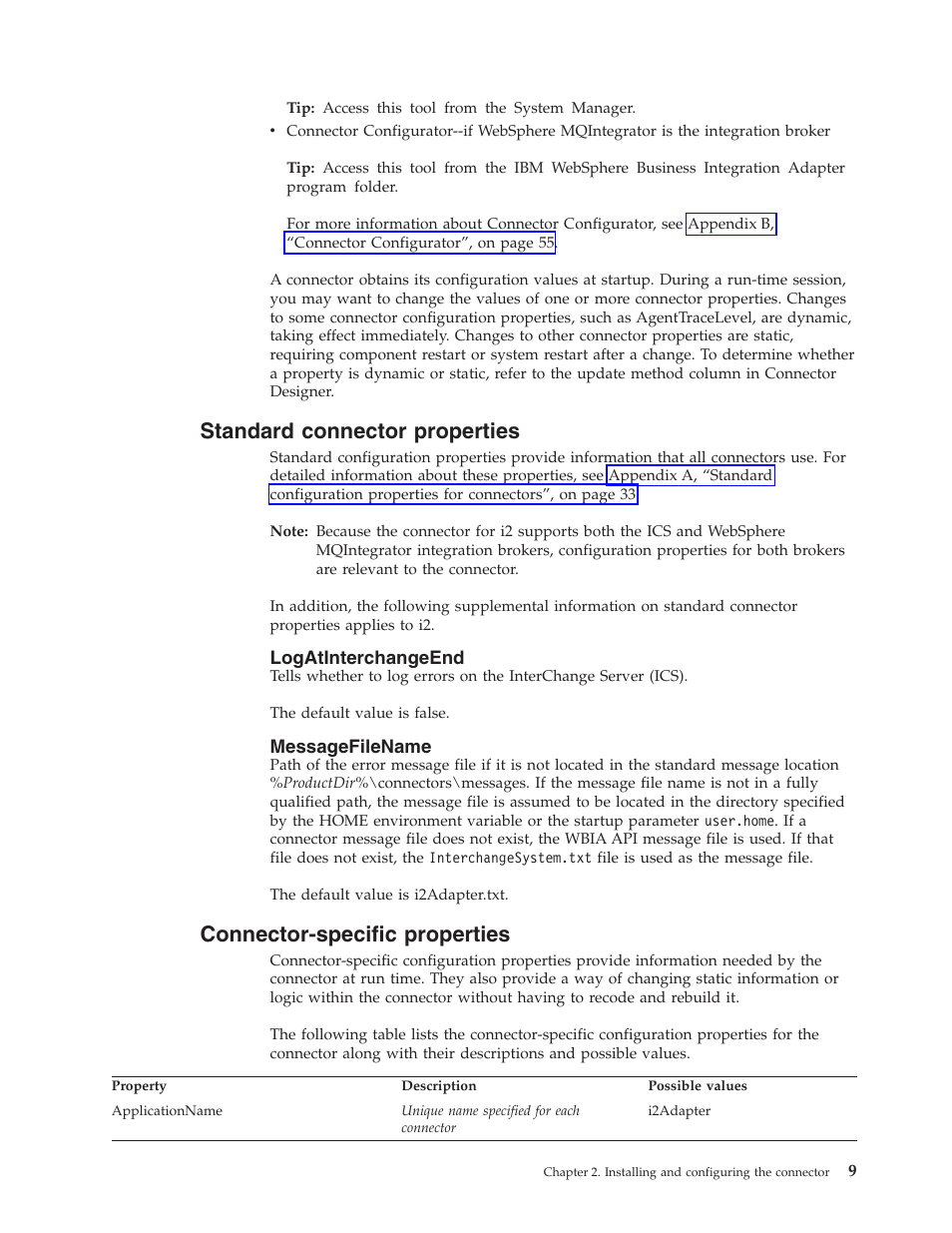 Standard connector properties, Connector-specific properties | IBM WebSphere Business Integration Adapter User Manual | Page 19 / 92
