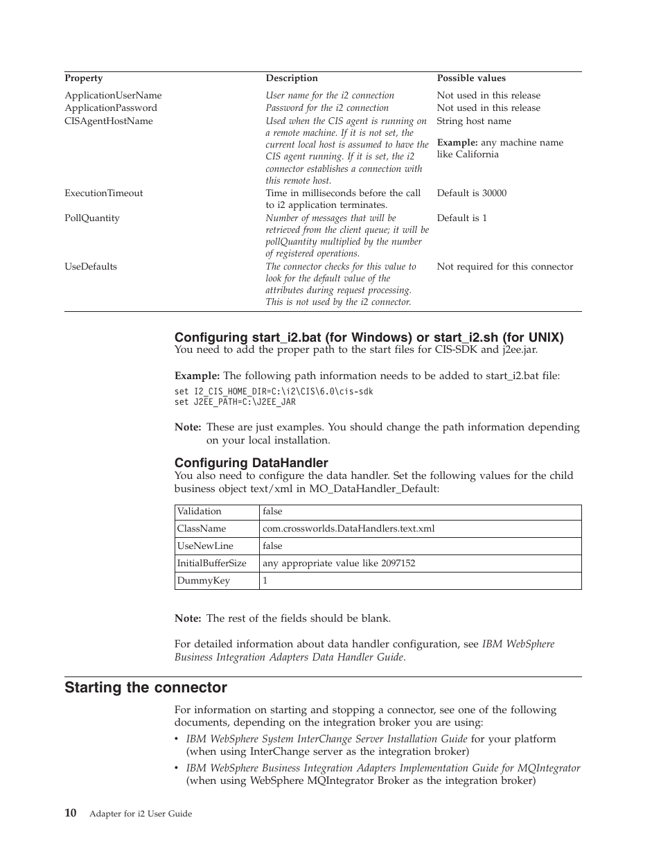 Starting the connector, Configuring datahandler | IBM WebSphere Business Integration Adapter User Manual | Page 20 / 92