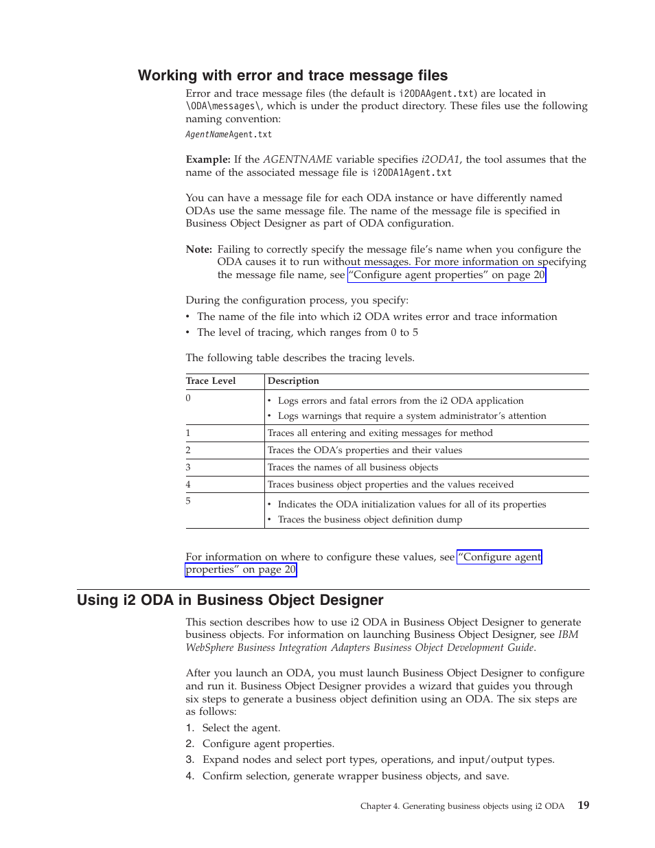 Working with error and trace message files, Using i2 oda in business object designer | IBM WebSphere Business Integration Adapter User Manual | Page 29 / 92