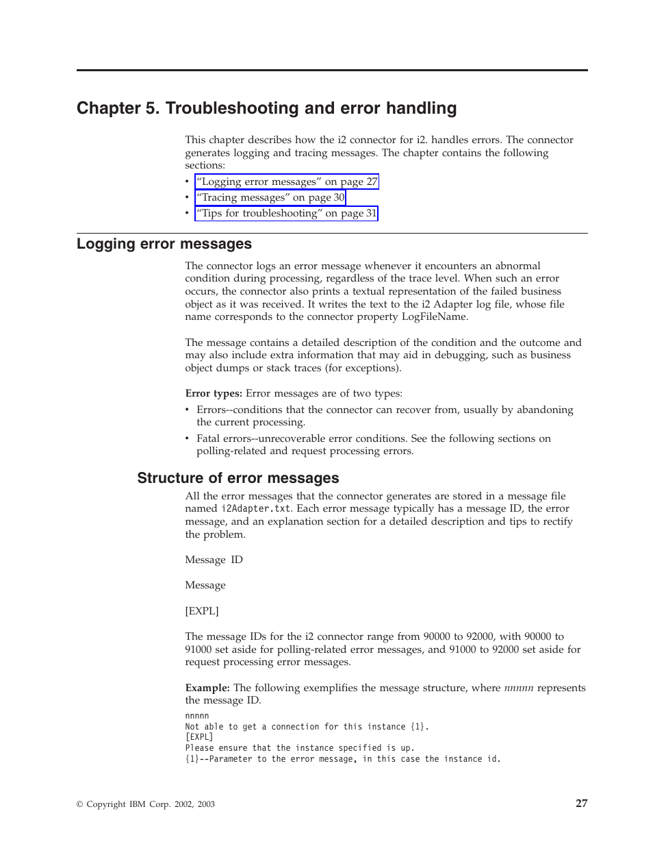 Chapter 5. troubleshooting and error handling, Logging error messages, Structure of error messages | IBM WebSphere Business Integration Adapter User Manual | Page 37 / 92