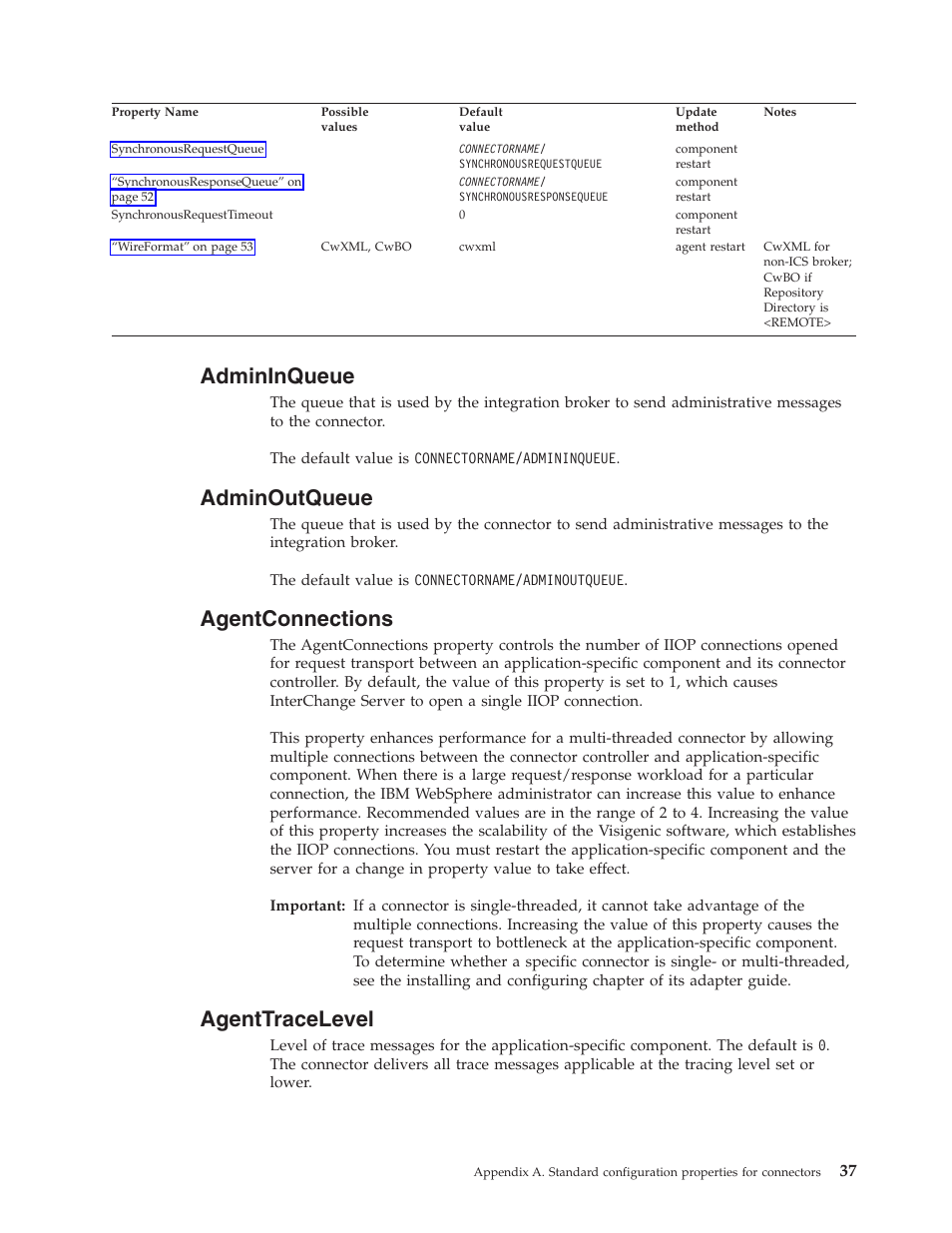 Admininqueue, Adminoutqueue, Agentconnections | Agenttracelevel | IBM WebSphere Business Integration Adapter User Manual | Page 47 / 92