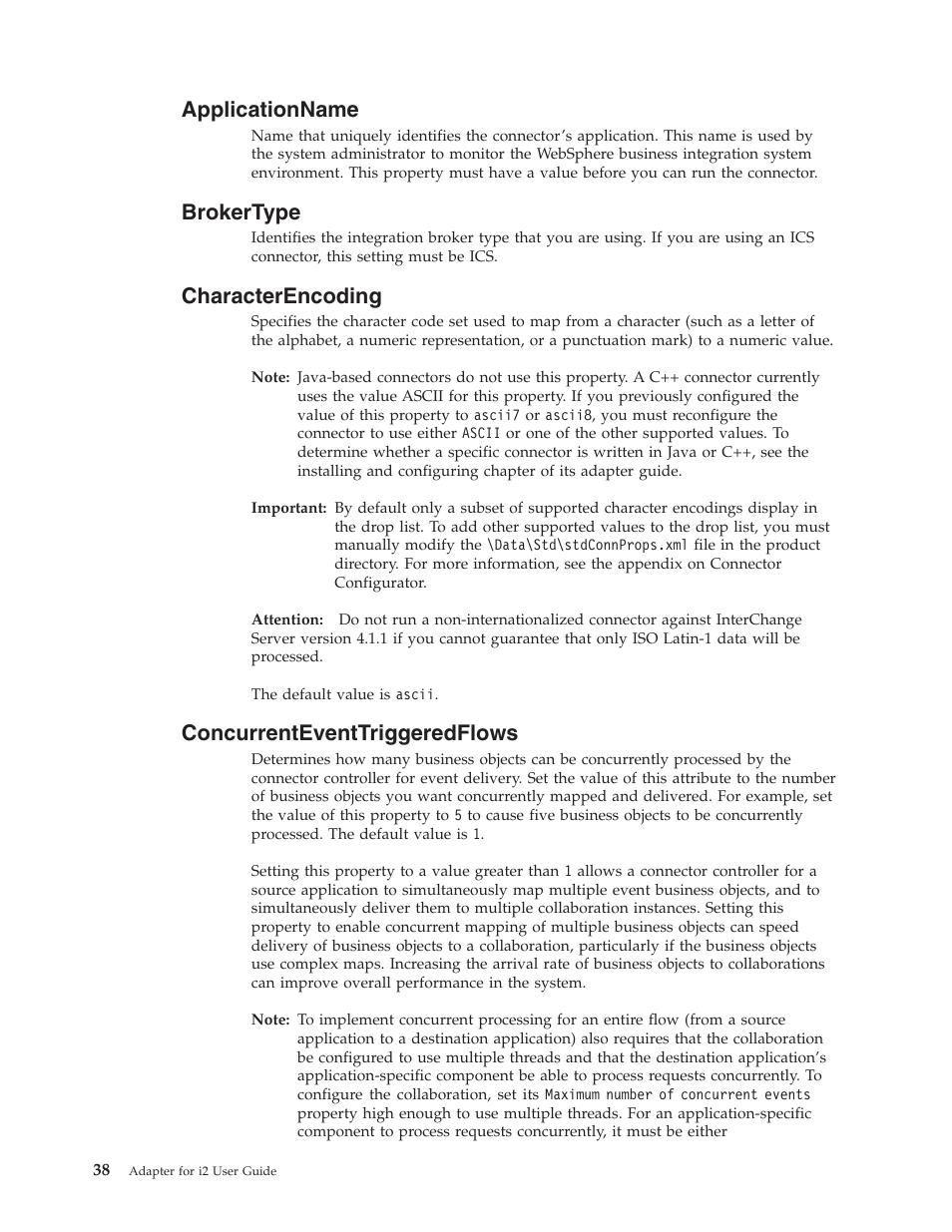 Applicationname, Brokertype, Characterencoding | Concurrenteventtriggeredflows | IBM WebSphere Business Integration Adapter User Manual | Page 48 / 92