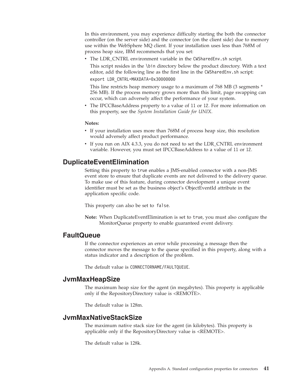 Duplicateeventelimination, Faultqueue, Jvmmaxheapsize | Jvmmaxnativestacksize | IBM WebSphere Business Integration Adapter User Manual | Page 51 / 92