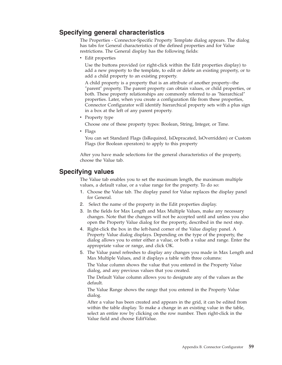 Specifying general characteristics, Specifying values | IBM WebSphere Business Integration Adapter User Manual | Page 69 / 92