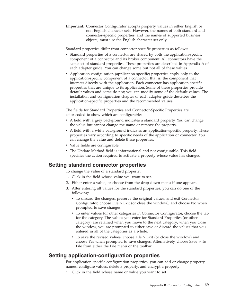 Setting standard connector properties, Setting application-configuration properties | IBM WebSphere Business Integration Adapter User Manual | Page 79 / 92