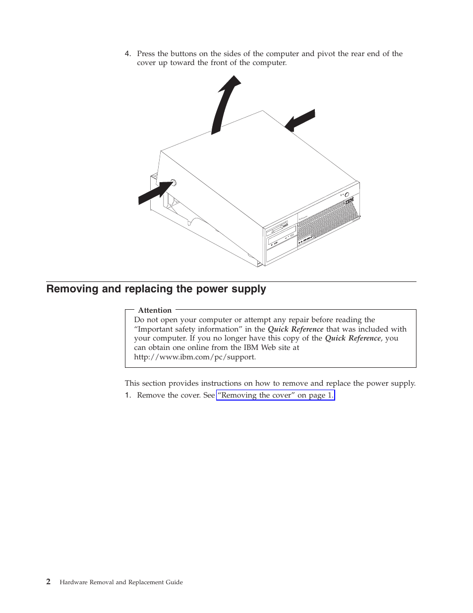 Removing and replacing the power supply, Removing, Replacing | Power, Supply | IBM THINKCENTRE 8141 User Manual | Page 10 / 28
