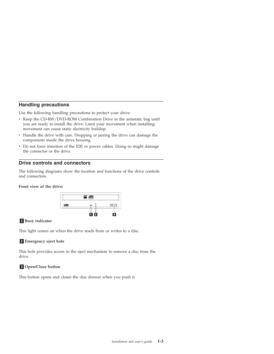 Handling precautions, Drive controls and connectors | IBM 22P7035 User Manual | Page 13 / 54